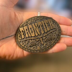 VTG Frontier Hotel Belt Buckle Las Vegas Bronze Casino Cowboy Western 3.5" 1970s